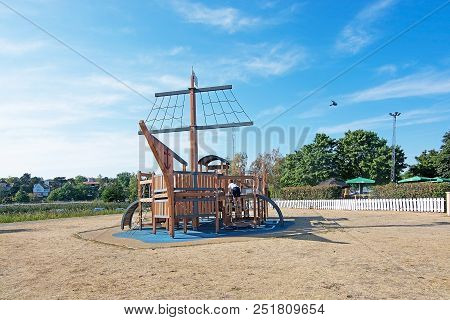 Nynashamn, Sweden - July 18, 2018: Viking Ship Playground With Kids On July 18, 2018 In Nynashamn, S