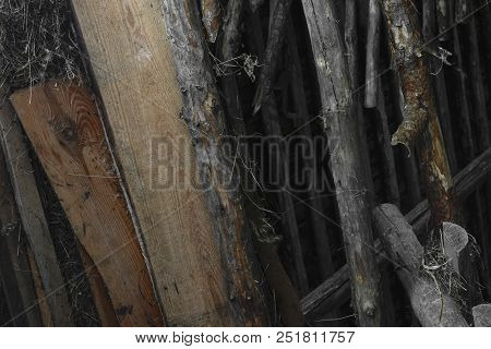 Old And Dry Wood Branches Placed In The Barn Attic Background Surface