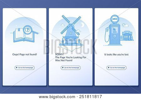 Page With A 404 Error In The Popular Linear Style. Template For Web Page With 404 Error.