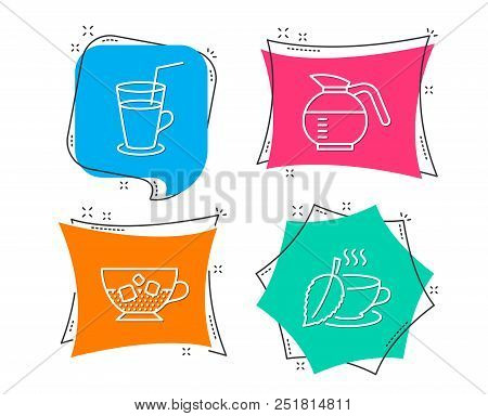 Set Of Cocktail, Cold Coffee And Coffeepot Icons. Mint Tea Sign. Fresh Beverage, Ice Cubes In Bevera