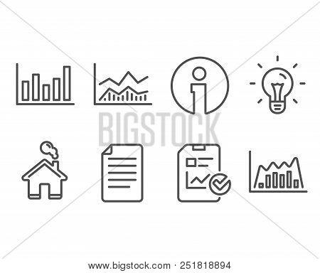 Set Of Column Chart, File And Trade Infochart Icons. Report Checklist, Idea And Infographic Graph Si