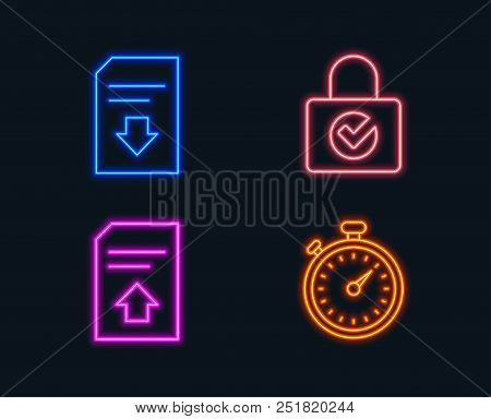 Neon Lights. Set Of Password Encryption, Upload File And Download File Icons. Timer Sign. Protection