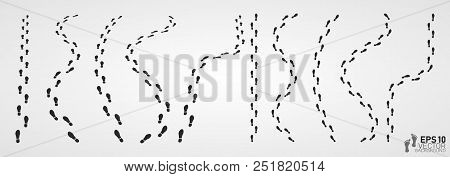 Shoe And Bare Foot Print. Shoes Imprints Set. Foot Trail.footprint And Human Step, Footwear And Trac