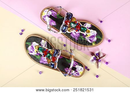Woman Summer Shoes With Accecories On Background
