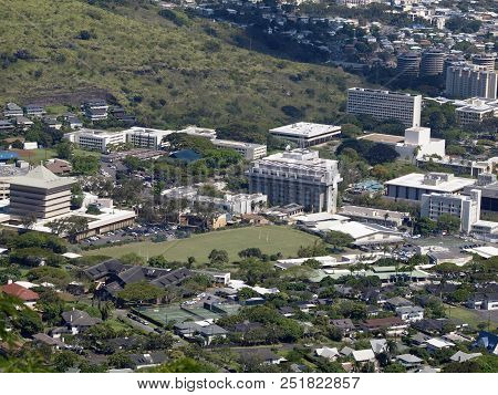 Honolulu - October 14, 2015: Aerial View Of Landmark Mid Pacific Institute, University Of Hawaii, An