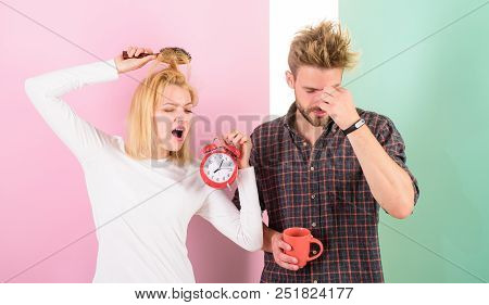 Regret Late Regime. Couple Morning Awakening Alarm Clock. Create Healthy Rest Regime To Sleep Enough