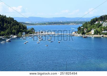 Oslo, Norway - July 22, 2018: View To Oslo Fjord. Two Islands Ormoya And Malmoya Connected To The Ma