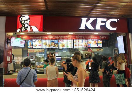 St. Petersburg, Russia - July 25, 2018: Kfc Fast Food Restaurant With Customers. Kentucky Fried Chic