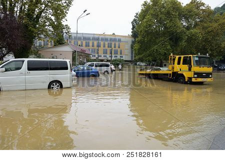 Sochi, Russia - 15 July 2018: Flooding after heavy rains in Matsesta district