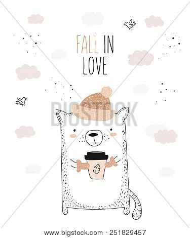 Vector Line Drawing Cat In A Hat With Slogan About Autumn