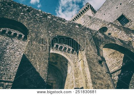 Architecture Design Detail Of Caetani Stone Medieval Castle. Beautiful Wallpaper Background. Sermone