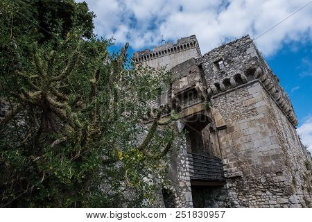 Architecture Design Detail Of Caetani Stone Medieval Castle. Beautiful Wallpaper Background. Sermone