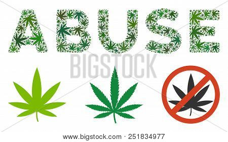 Abuse Text Collage Of Marijuana Leaves In Variable Sizes And Green Tints. Vector Flat Cannabis Leave