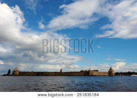 Historical Fortress "oreshek" On The Island. Russian Ancient Architecture Of Military Fortifications