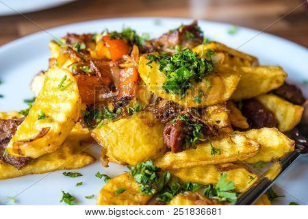Fried Potatoes And Meat, Ojakhuri - Traditional Georgian Food