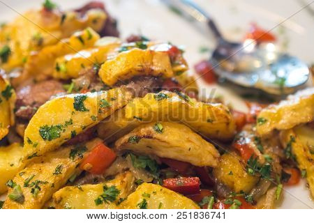 Fried Potatoes And Meat, Ojakhuri - Traditional Georgian Food