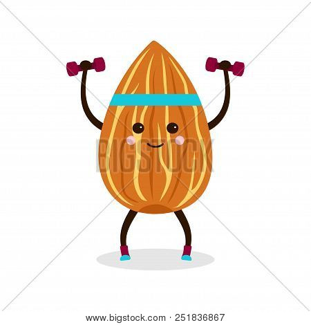 Illustration With Cartoon Almonds And Dumbbells, Banner With Nuts Doing Fitness