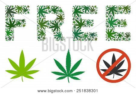 Free Caption Collage Of Weed Leaves In Variable Sizes And Green Variations. Vector Flat Marijuana Le