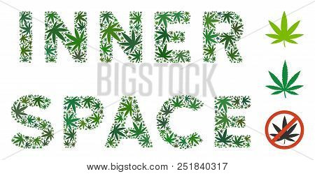 Inner Space Label Collage Of Weed Leaves In Various Sizes And Green Tones. Vector Flat Weed Symbols 