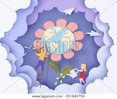 Children Caring For The Earth Flower With Blue Sky Background. Save The Planet Card. Vector Illustra