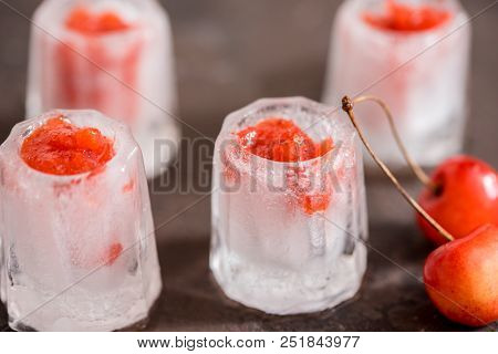 Fresh Cherry Cocktail. Fresh Summer Cocktail With Cherry And Ice Cubes. Glass Of Cherry Soda Drink O
