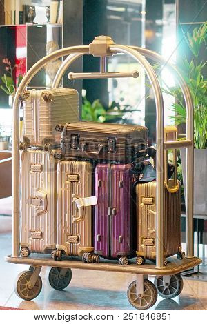Trolley Luggage At The Hotel. Hotel Baggage Cart