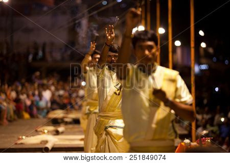 VARANASI, UTTAR PRADESH, INDIA - JULY 9, 2018: Ganga Aarti ceremony at Dasashvamedh Ghat with thousand of prayers each evenning.