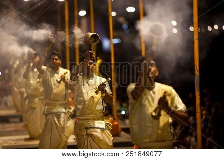 VARANASI, UTTAR PRADESH, INDIA - JULY 9, 2018: Ganga Aarti ceremony at Dasashvamedh Ghat with thousand of prayers each evenning.