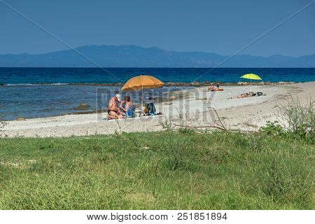 Nea Fokea, Kassandra, Chalkidiki, Greece - June 24, 2014: Beach Of Nea Fokea At Kassandra Peninsula,