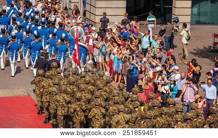 Zurich, Switzerland - August 1, 2018: Participants Of The Parade Devoted To The Swiss National Day P