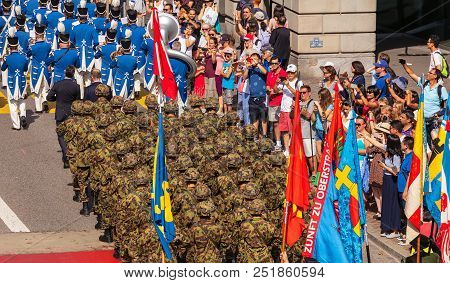 Zurich, Switzerland - August 1, 2018: Participants Of The Parade Devoted To The Swiss National Day P