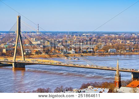 Mound Bridge (vantage Bridge) Across Western Dvina River In Riga.