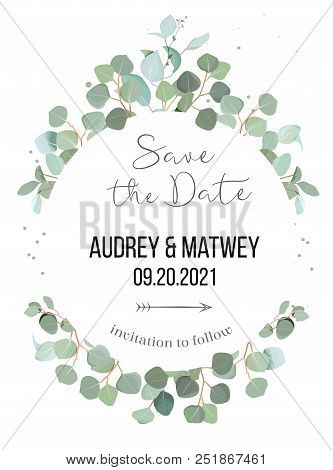 Silver Dollar Eucalyptus Branches Vector Design Round Card. Cute Rustic Wedding Greenery Frame. Mint