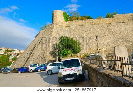 Ulcinj, Montenegro - September 9, 2017: Parking At Entrance To Old Town, Ulcinj, Montenegro
