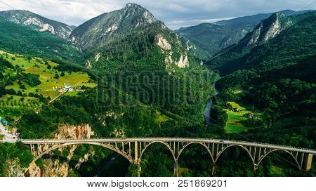 Aerial View Of Durdevica Tara Arc Bridge In The Mountains, One Of The Highest Automobile Bridges In 