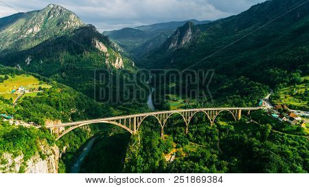 Aerial View Of Durdevica Tara Arc Bridge In The Mountains, One Of The Highest Automobile Bridges In 