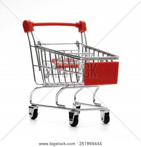 Isolated Shopping Cart Sales On White Background Shot In Studio For Marketing And Finance, Web Desig