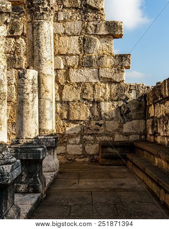 Capernaum, Israel, March 31 2018: Remains Of Synagogue In The Capharnaum The Town Of Jesus
