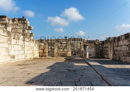 Capernaum, Israel, March 31 2018: Remains Of Synagogue In The Capharnaum The Town Of Jesus