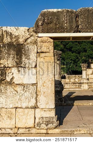 Capernaum, Israel, March 31 2018: Remains Of Synagogue In The Capharnaum The Town Of Jesus