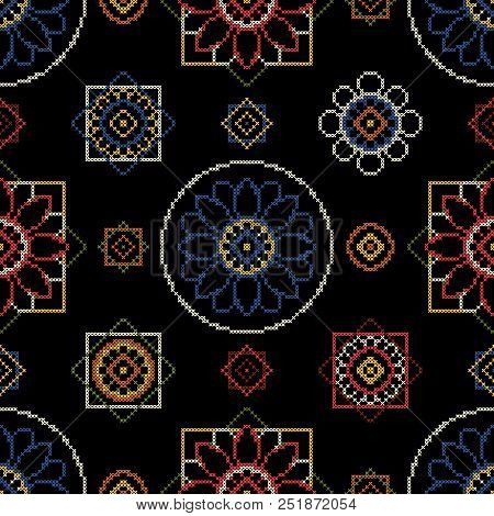 Embroidery Pattern Vector Illustration. Bright Seamless Dark Background With Abstract Flowers For Wa