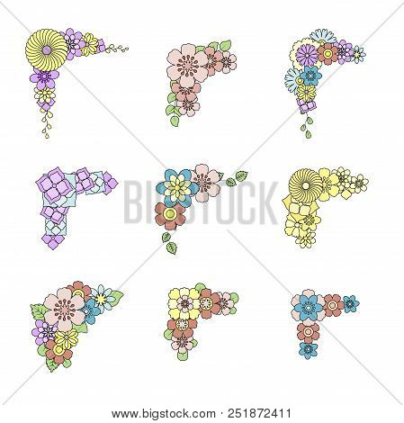 Set Of Flat Spring Flower Corner Frame. Cute Retro Illustrations In Bright Colors For Stickers, Labe