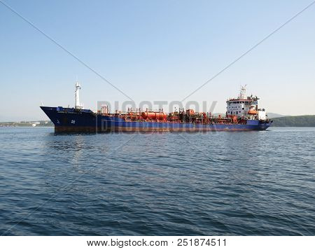 Nakhodka.Primorsky kray / Russia - August 2 2018: Tanker Zaliv Petra Velikogo at anchor near Nakhodka