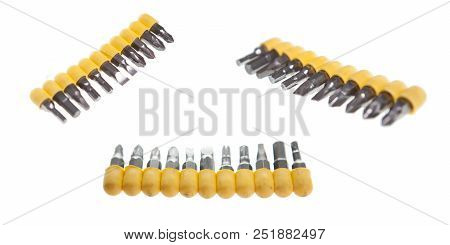 Heads For Screwdriver. Bits. Tools On White Background. Handyman Tools Accesory