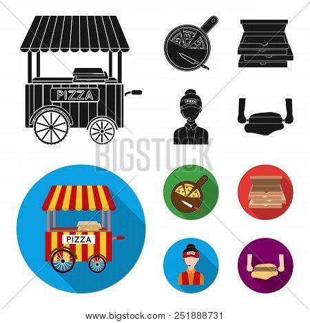 Mobile Trailer, Cutting Board For Pizza, Boxes, Salesman. Pizza And Pizzeria Set Collection Icons In