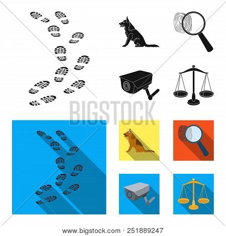Traces On The Ground, Service Shepherd, Security Camera, Fingerprint. Prison Set Collection Icons In