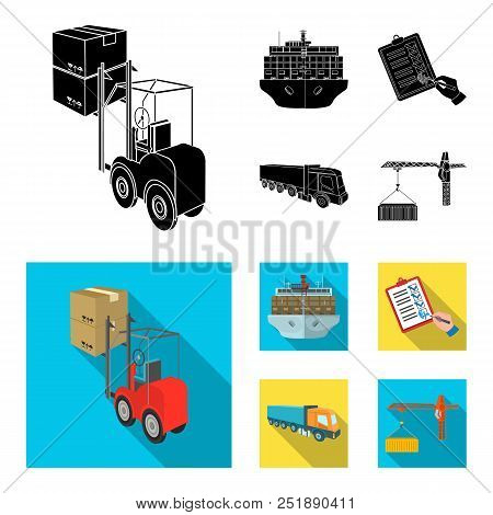 Sea Freight, Signature Of Delivery Documents, Truck, Tower Crane With A Container. Logistics And Del