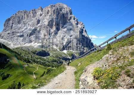 Sassolungo Mountain Viewed From A Hiking Path Close To The Top Of Ciampinoi Cable Car Above Selva, V