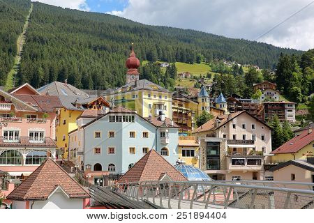 Val Gardena, Italy - June 27, 2018: Colorful Facades In The Historic Town Center Of Ortisei (st Ulri