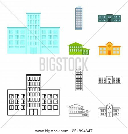 Skyscraper, Police, Hotel, School.building Set Collection Icons In Cartoon, Outline Style Vector Sym